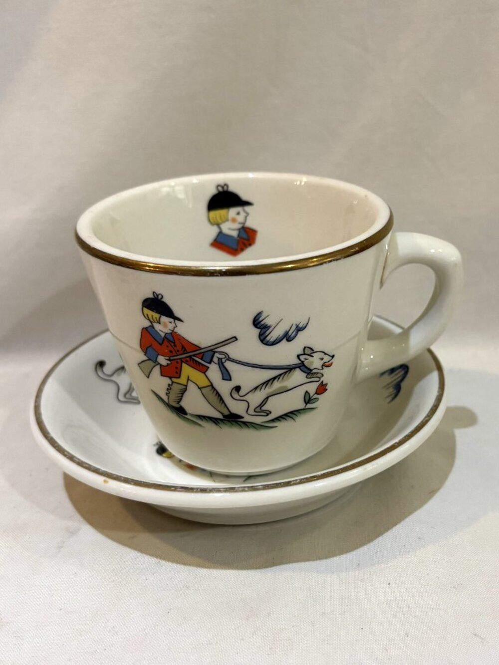 VTG Shenango China Child Mug & Plate Boy Hunter Dog Rabbit Pattern AS IS